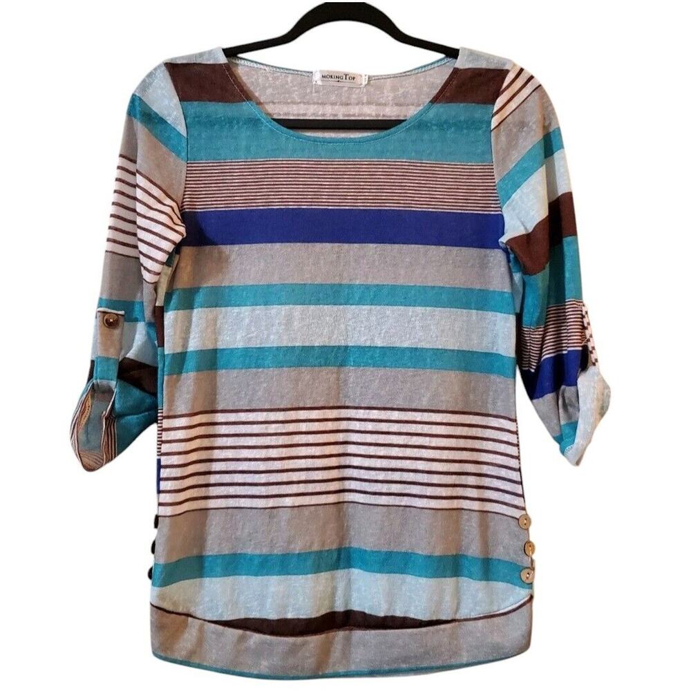 Moking Top Women's Knit Sweater - Blue Brown Stripes Size M